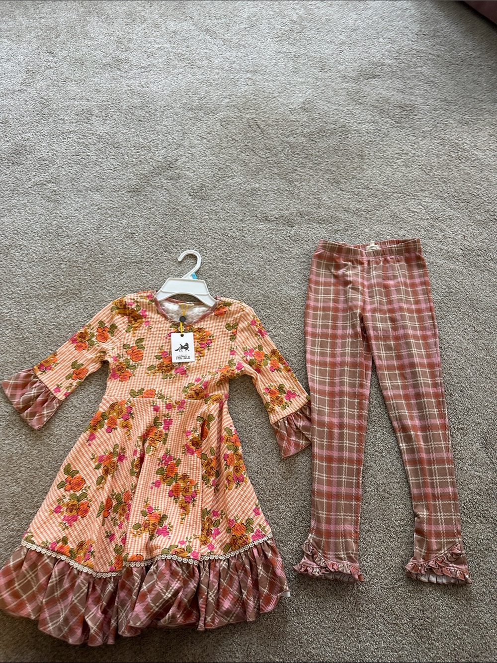 Girls orange Floral Dress with orange Plaid Leggings Matching Set size 8